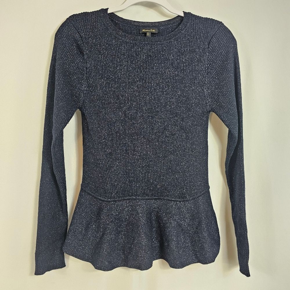 Massimo Dutti Ribbed Knit Peplum Sweater in Navy/Black - Size L